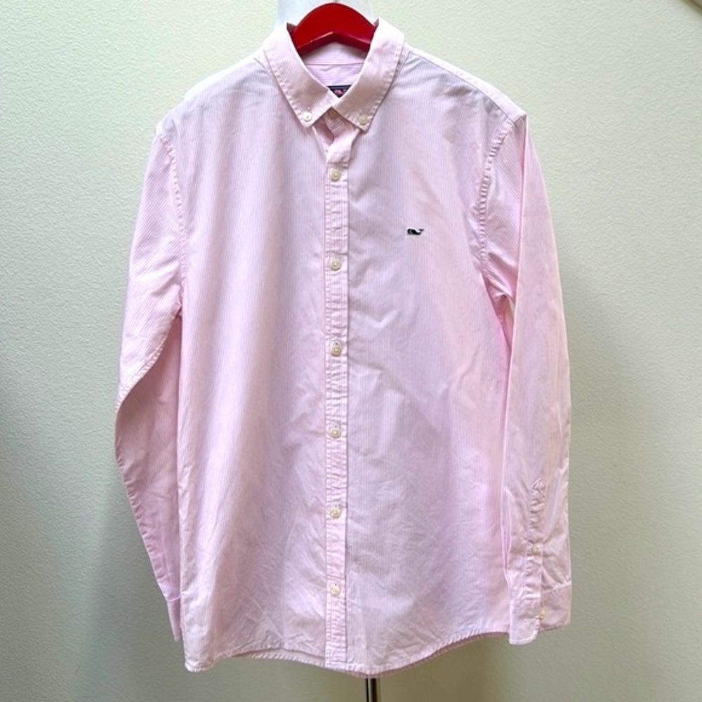 Vineyard Vines Whale Shirt Pink Pinstriped Cotton Button Down Youth Sz XL 18